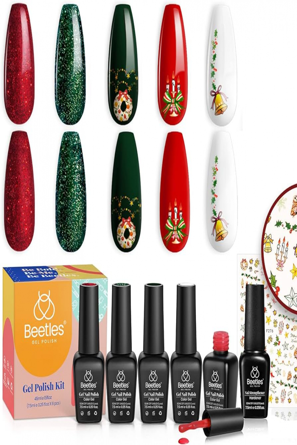 Beetles Gel Nail Polish Set- Christmas  Colors Sparkle Red Green Gel  Polish Kit Soak Off LED Gel Nail Kit Manicure Gift with Nail Strengthener  Gel