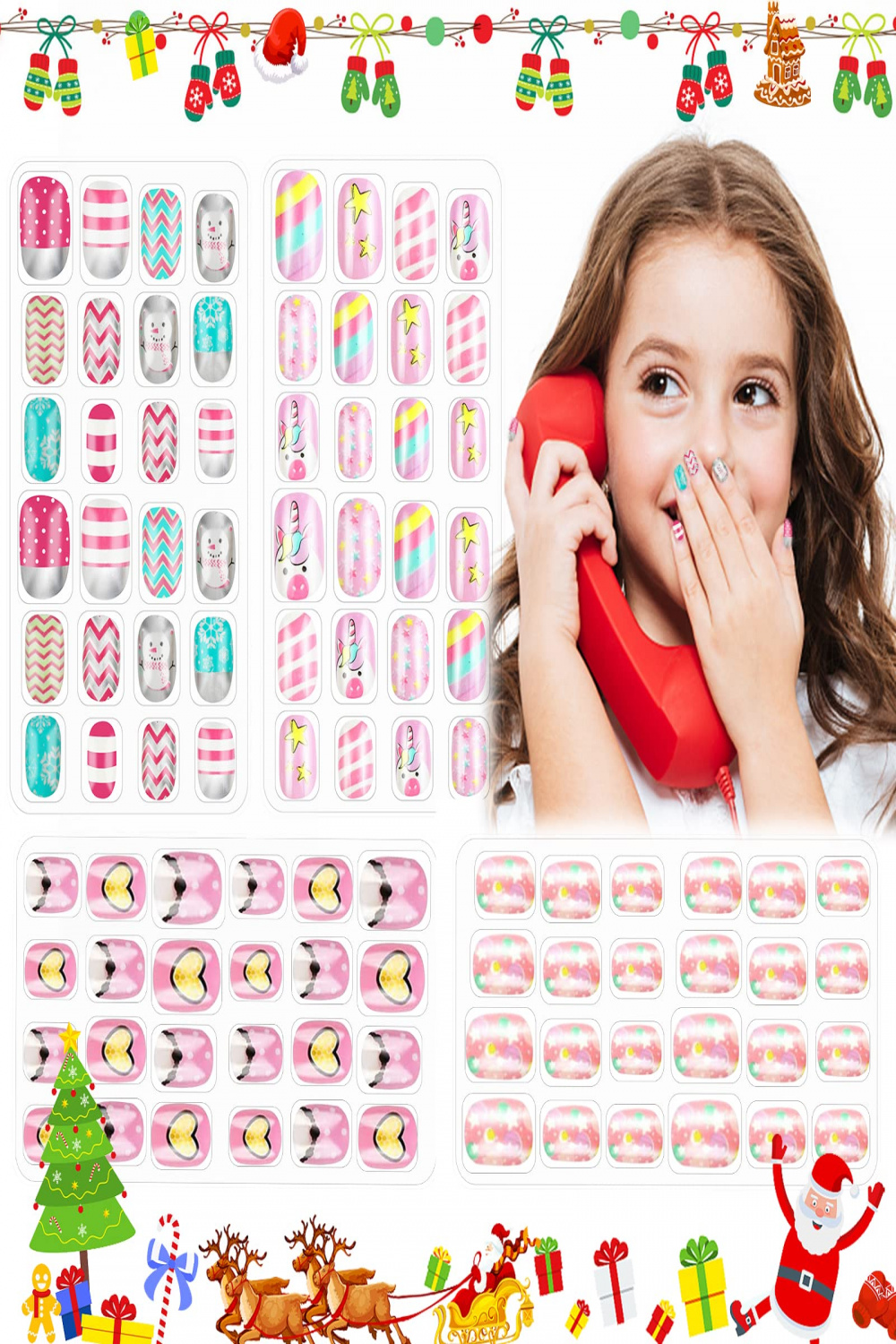 Christmas Press on Nails for Kids Fake Nails  PCS Candy Rainbow Children  Pre-glue Stick on Nails for Little Girls Short Glue on Nails for Toddlers