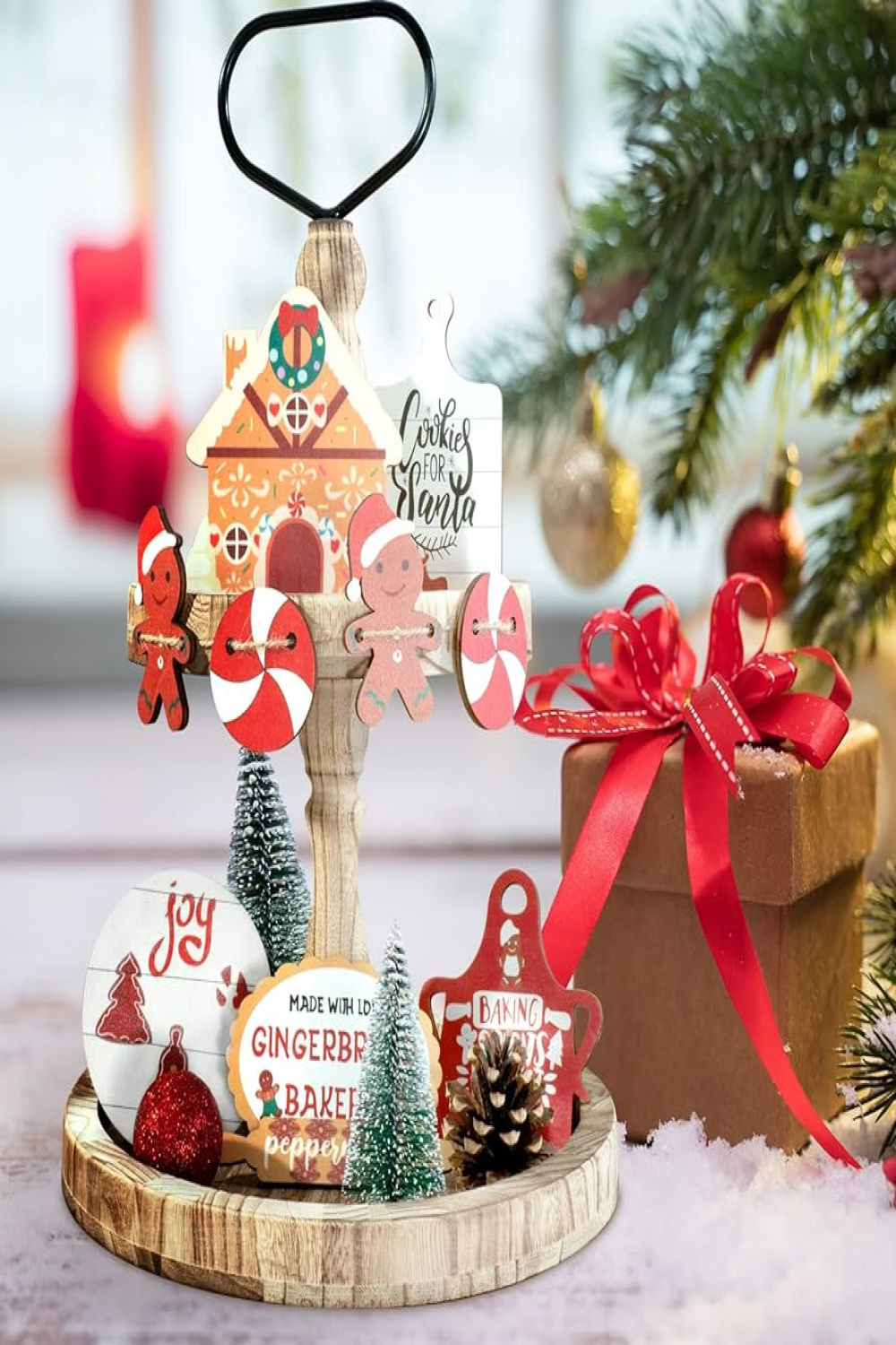 Christmas Tiered Tray Decor - Farmhouse Christmas Decoration of Christmas  Wooden Signs & Rolling Pin & Winter Gingerbread Table Party (Tray Not