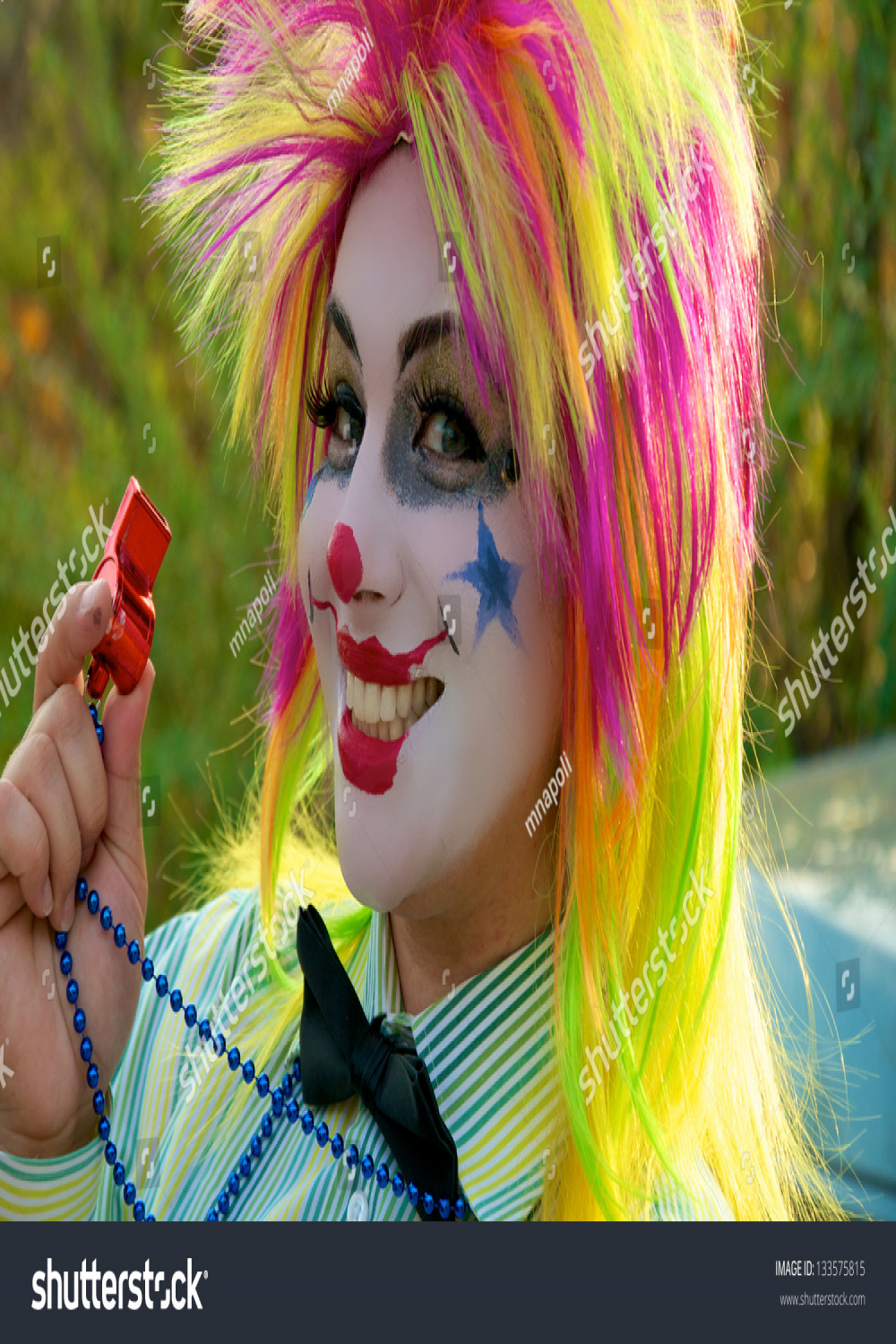 Close Female Circus Clown Face Makeup Stockfoto