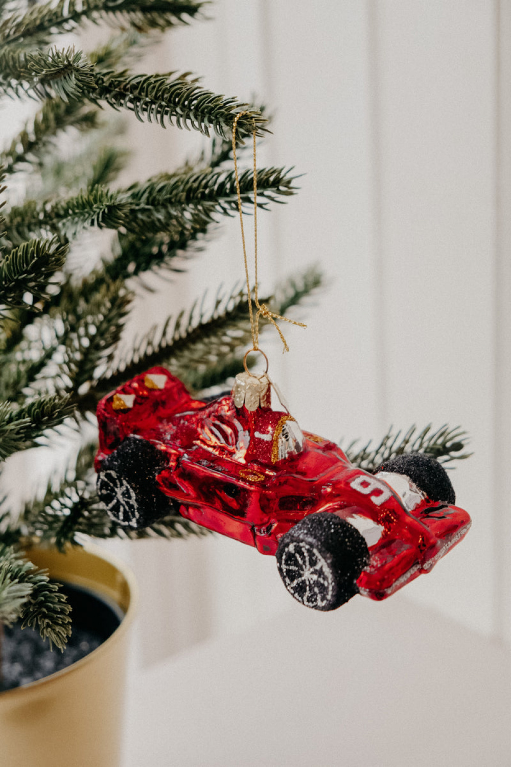 F Formula One Red Race Car Glitter Glass Christmas Tree Bauble