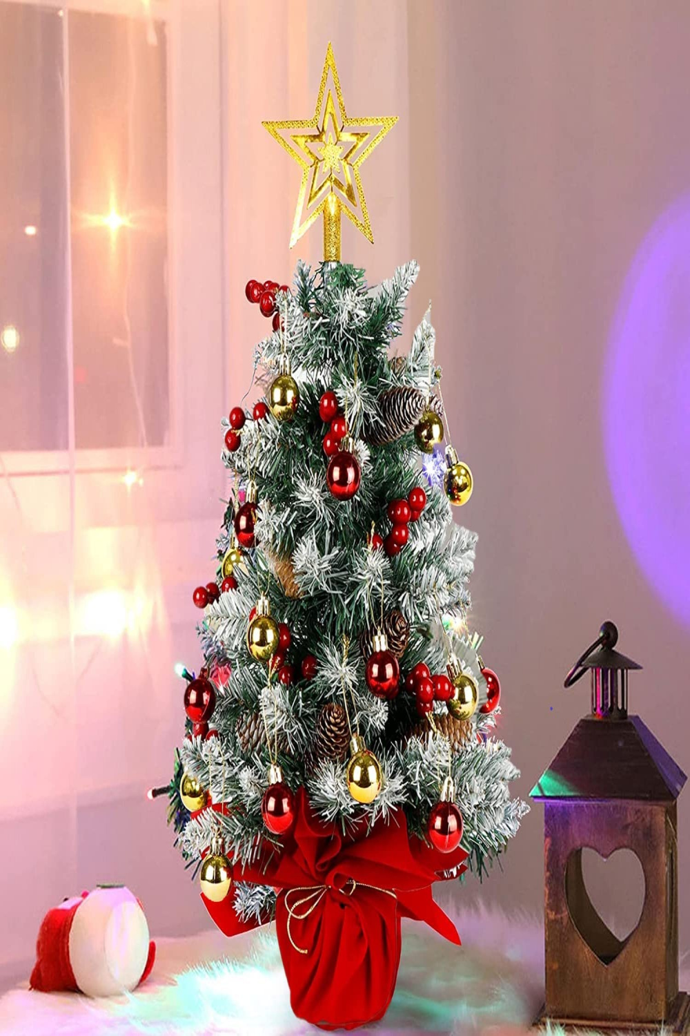 KAHEIGN Mini Weihnachtsbaum cm Künstlich Tisch Weihnachtsbaum Künstlich  Tisch Tannenbaum mit Christbaumkugeln Rot Gold Kugelverzierungen,