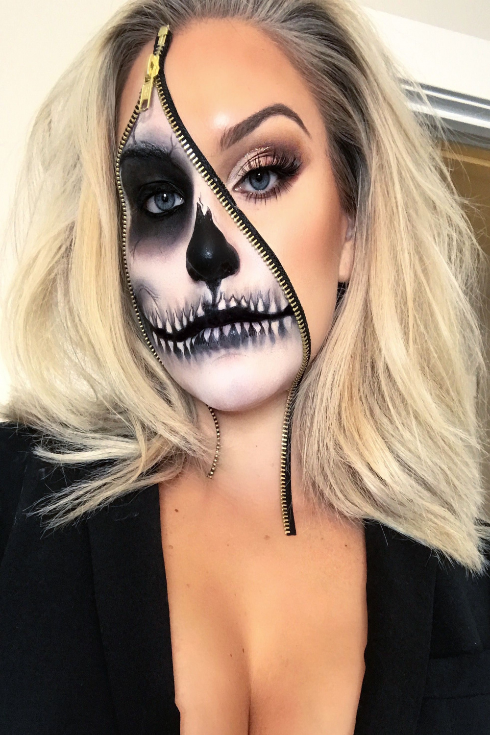 Zipper Face makeup Halloween look @meaganhazlewood on Instagram