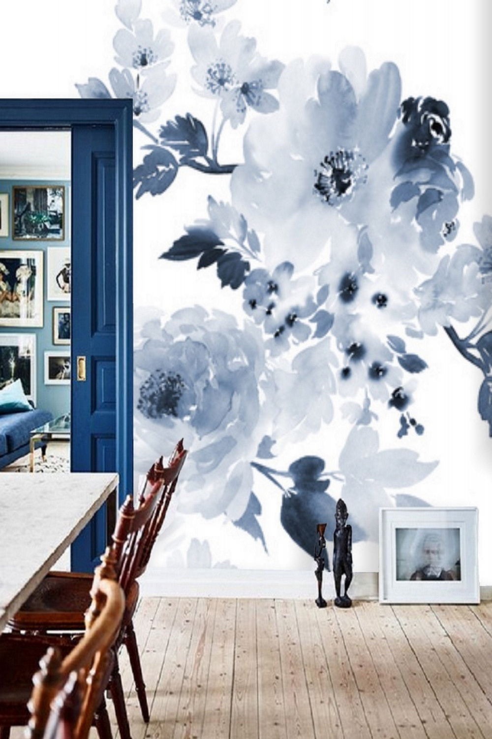 Blue and White Floral Wallpaper Blue Wall Mural Remove - Etsy