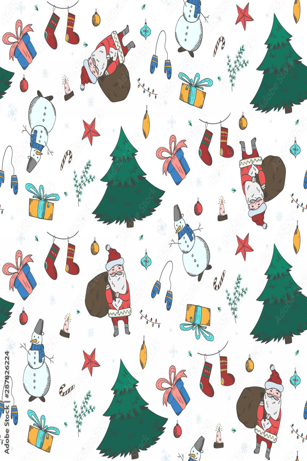 Bright kids Christmas seamless pattern with cute hand drawn doodle