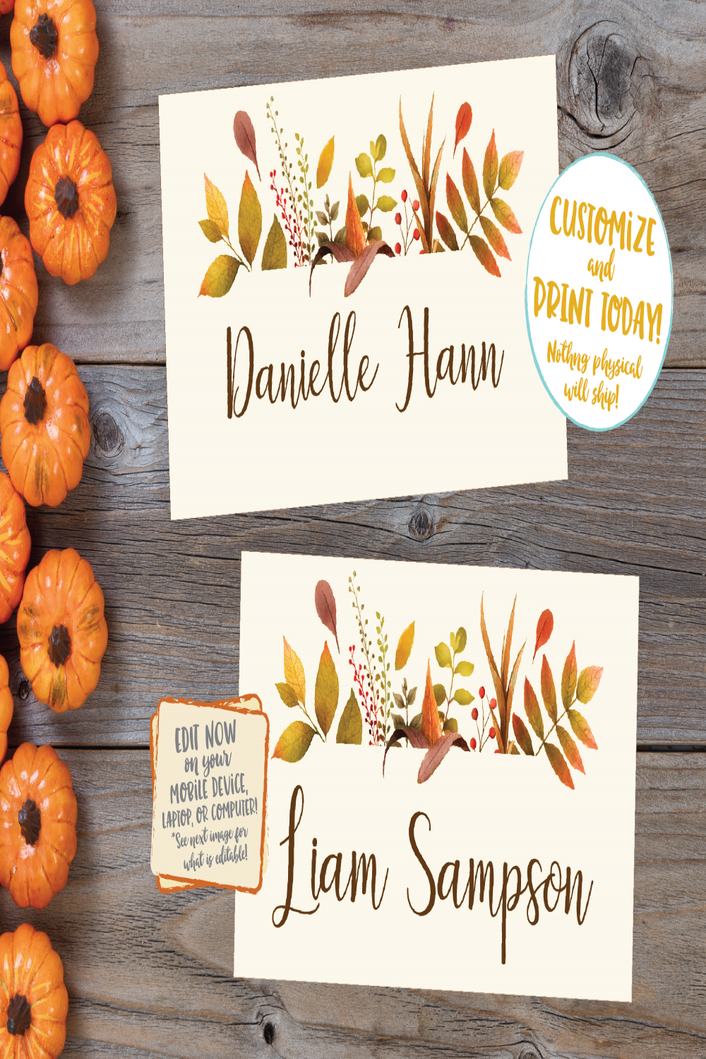 Editable Thanksgiving Place cards, Thanksgiving Name cards Thanksgiving  Placecards, Friendsgiving Place cards Printable Plaid Floral Leaves