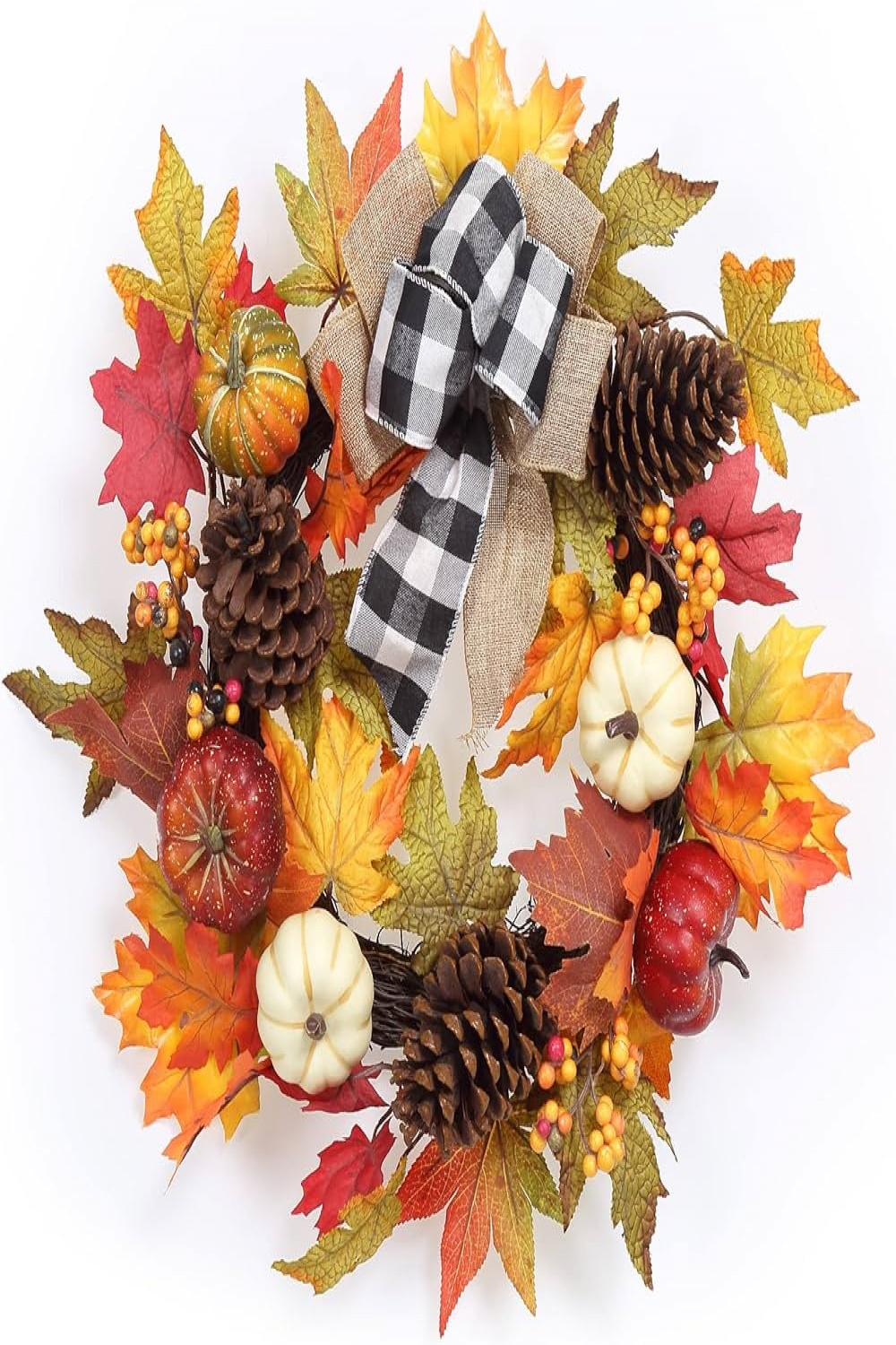 Fashionwu " Thanksgiving Wreaths for Front Door, Autumn Harvest Wreath  with Buffalo Plaid Pumpkin and Maple Leaf Decorations, Thanksgiving Wreath