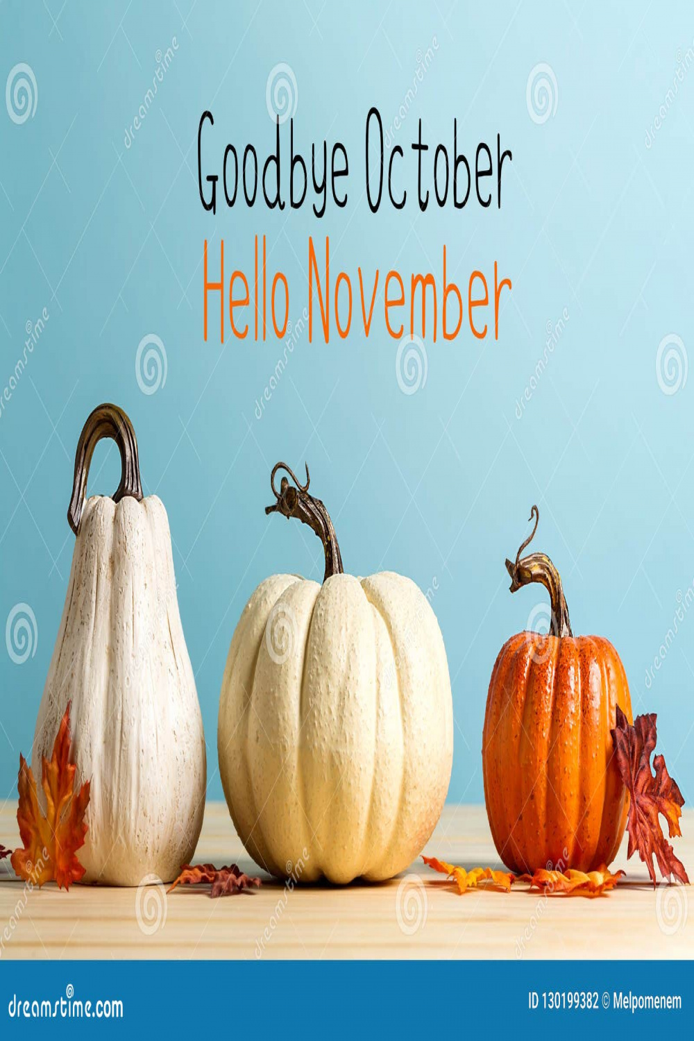 Goodbye October Hello November Message with Pumpkins Stock Photo