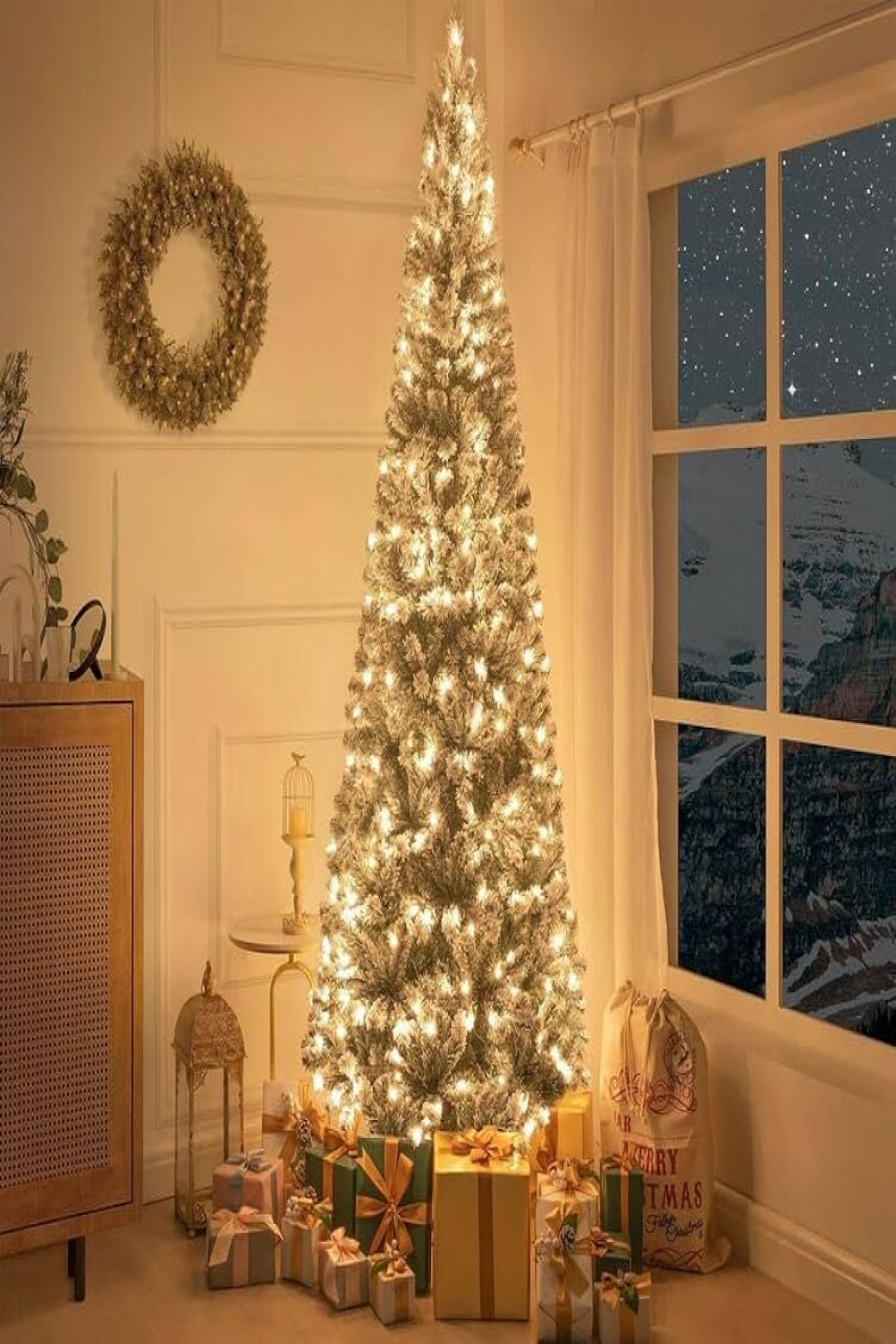 Naomi Home ft Slim Snow Flocked Christmas Tree with Lights, Realistic  Frosted Skinny Pencil Christmas Tree Prelit with  Branch Tips,  Warm