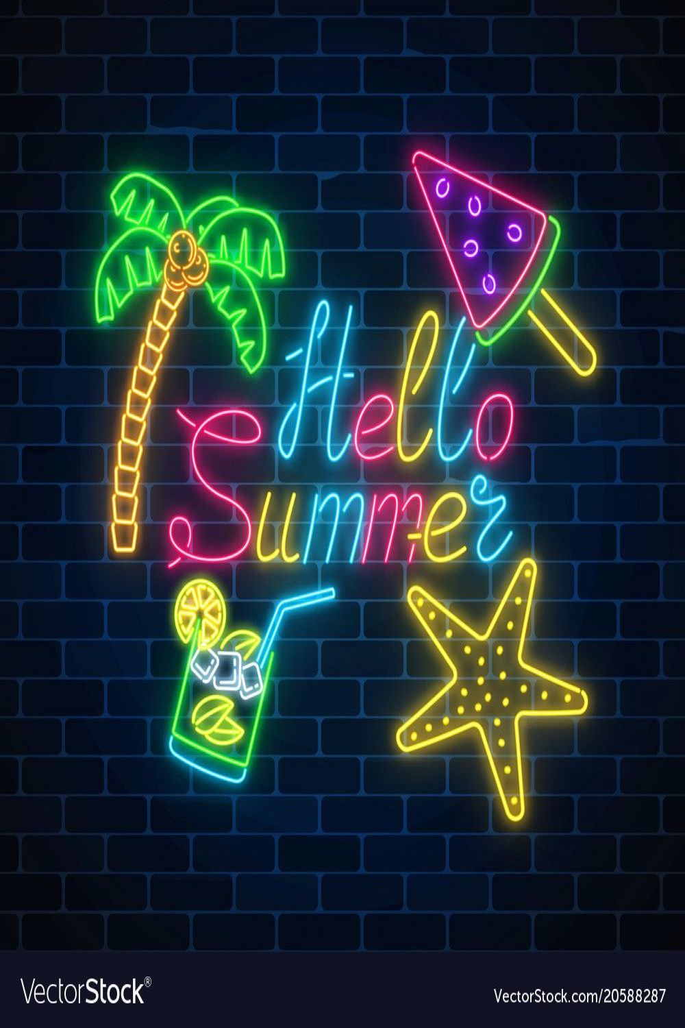 Neon summer poster with lettering and summer things in rectangle