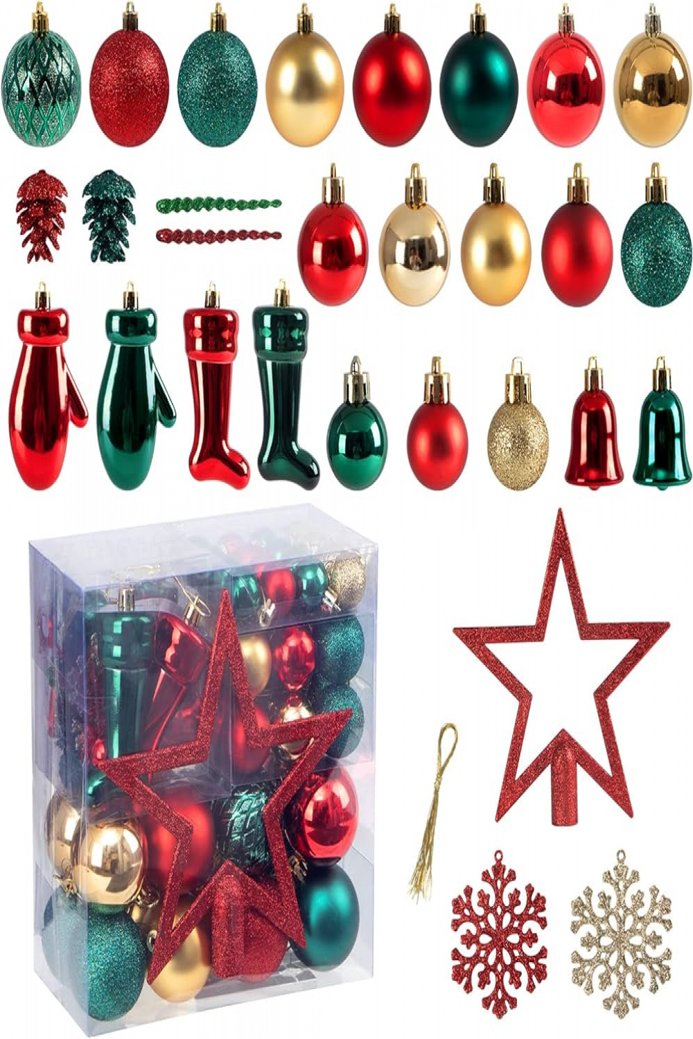 NEWBEA Pack of  Christmas Tree Decorations, Christmas Tree Decoration Set  Box Red Green Gold Christmas Bauble Shatterproof Hanging Tree Assorted