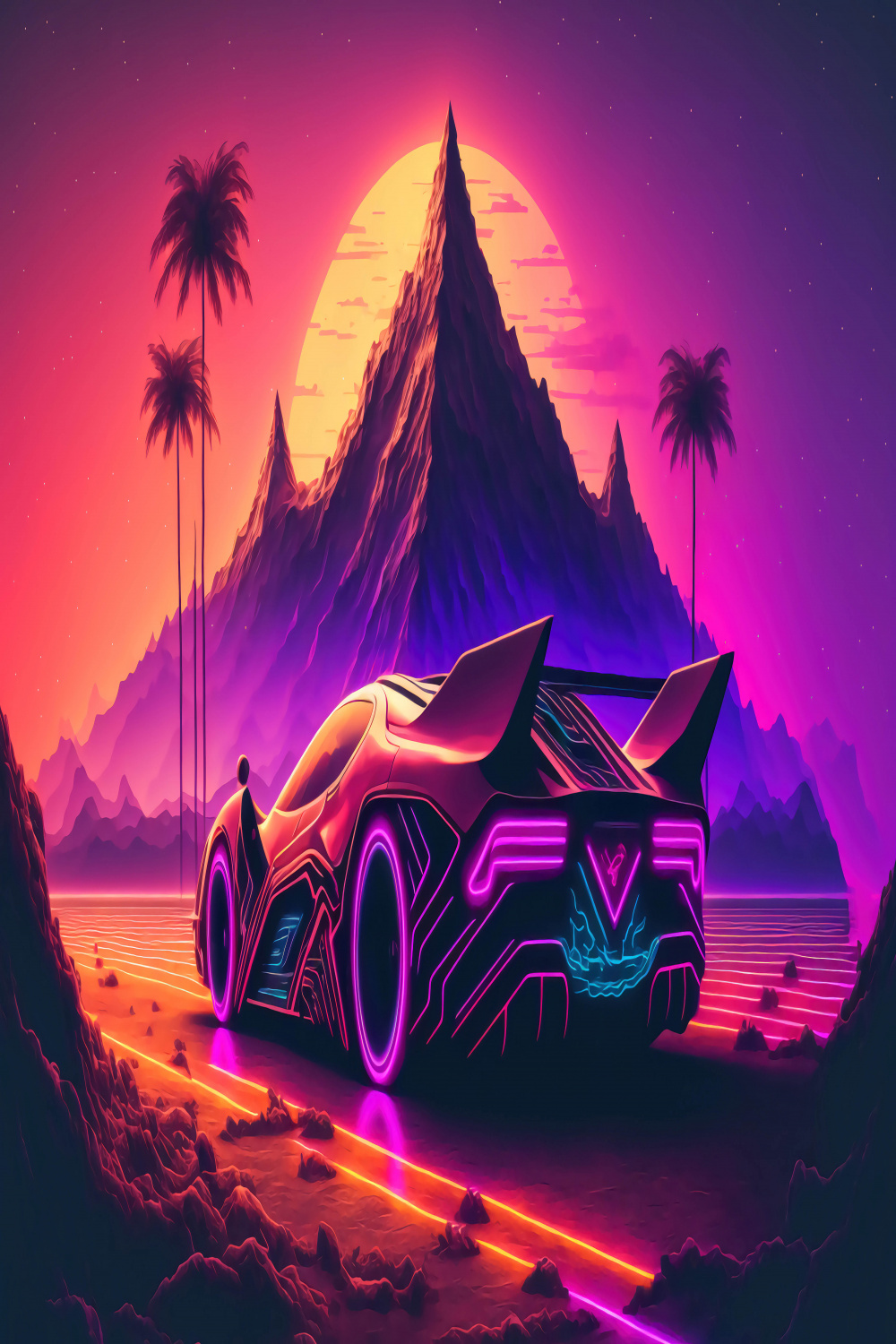 Sports Car In A Futuristic Mountain Sunset Wallpaper K