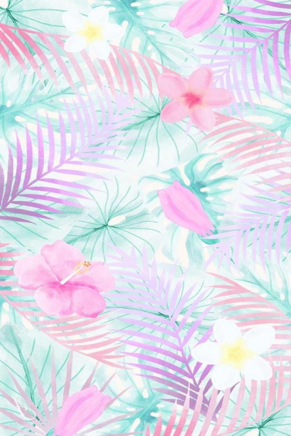 floral wallpaper, palm tree leaves, pink and white flowers, girly