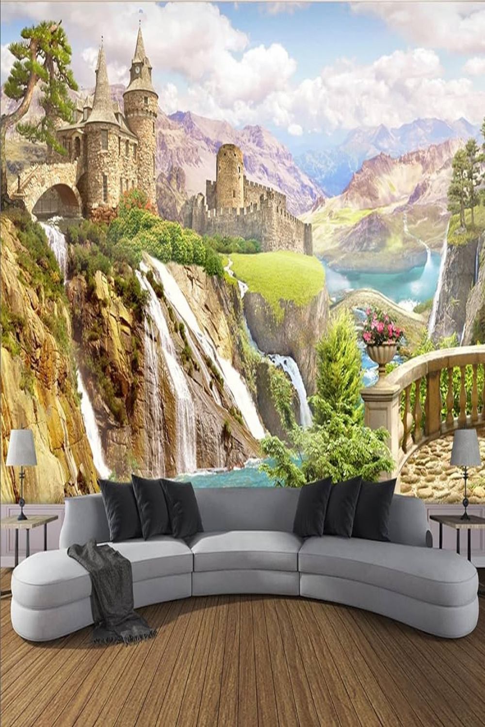 Photo Wallpaper Painting D Mountain Waterfall Wall Mural, Landscape Garden  Castle Wall Wallpaper, 00 x  cm Self-Adhesive Murals Modern Wall