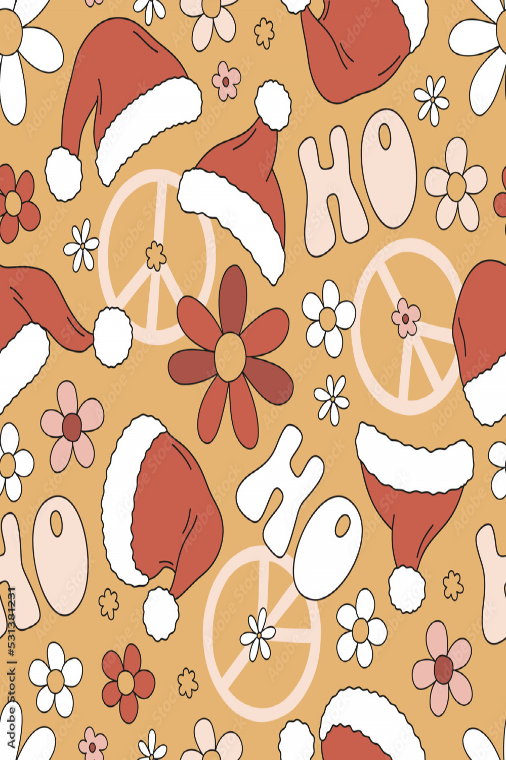 Santa Claus hat hippie groovy Christmas peace sign floral vector