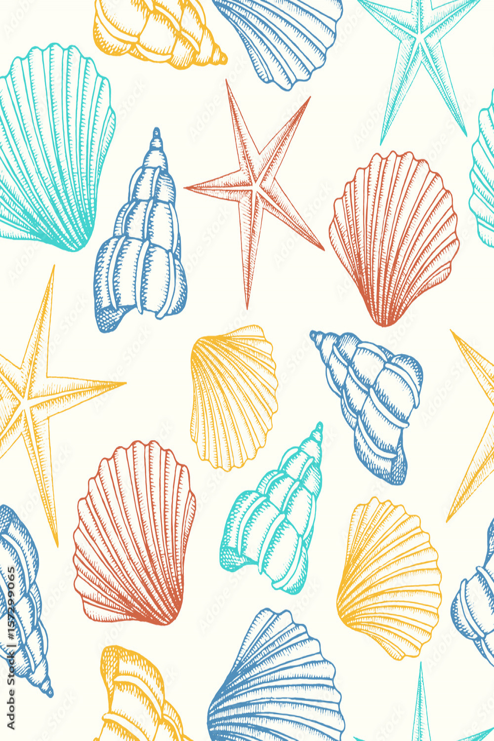 Seamless background with shells in color